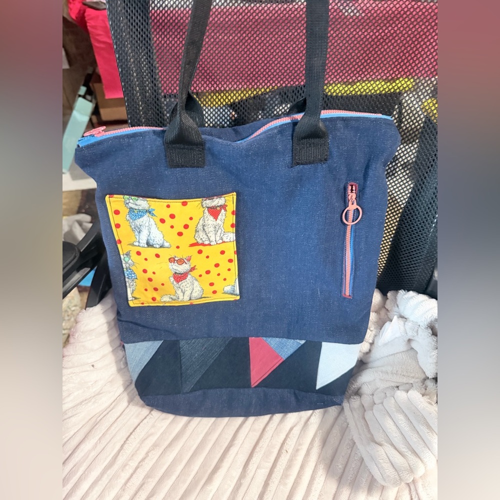 Handmade Jean and cat tote. With zipper pockets